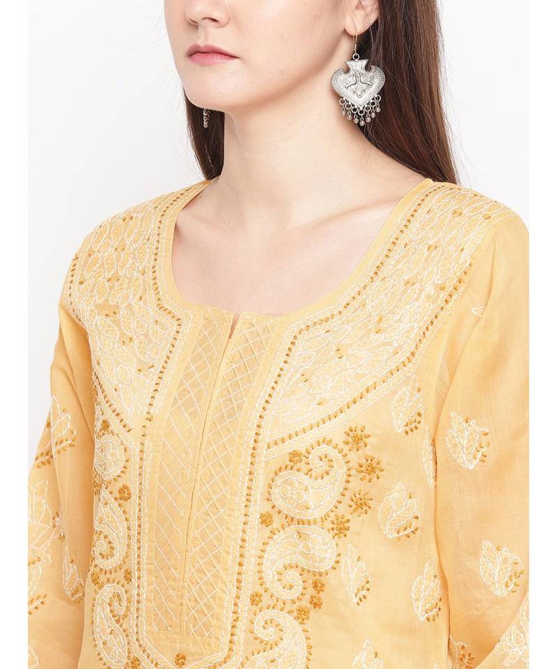 Hand Embroidered Fawn Cotton Lucknow Chikan Women Kurta
