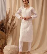 Hand Embroidered White Cotton Lucknowi Chikankari Women Kurta