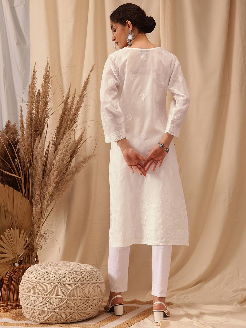 Hand Embroidered White Cotton Lucknowi Chikankari Women Kurta