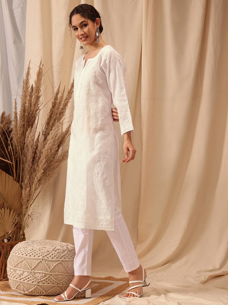 Hand Embroidered White Cotton Lucknowi Chikankari Women Kurta