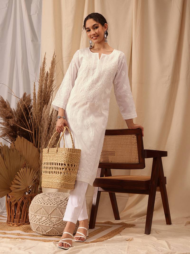 Hand Embroidered White Cotton Lucknowi Chikankari Women Kurta