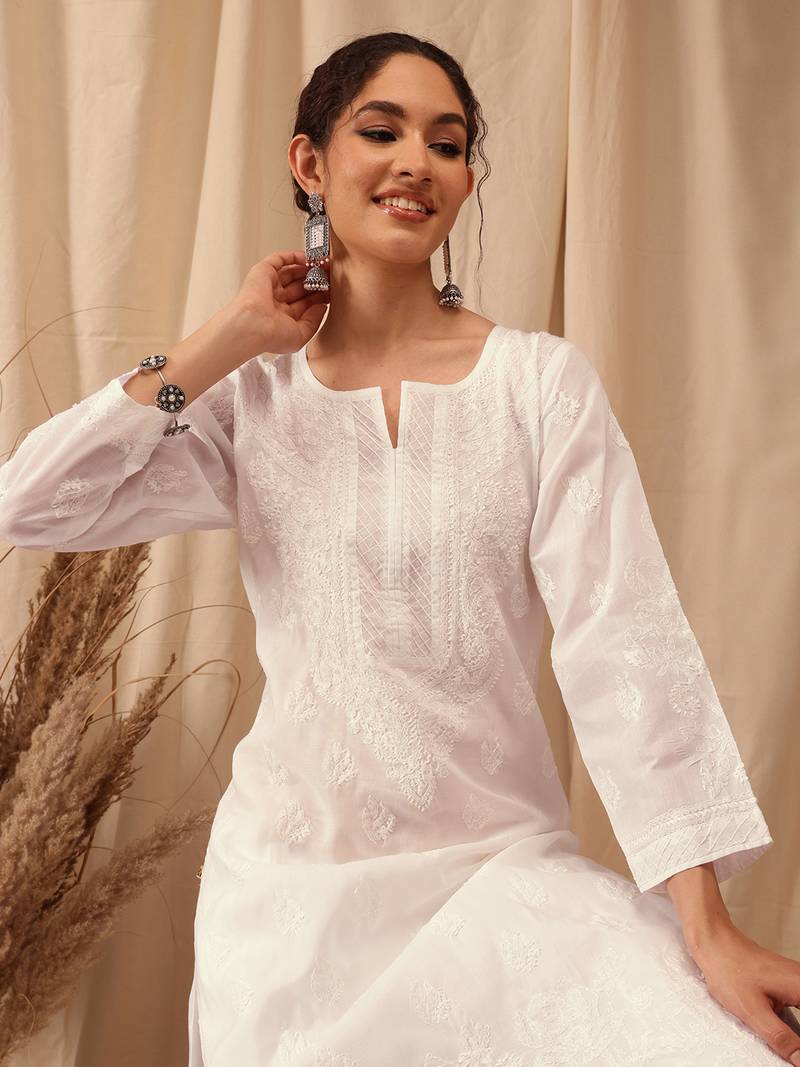 Hand Embroidered White Cotton Lucknowi Chikankari Women Kurta