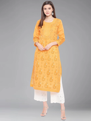 Hand Embroidered Mustard Cotton Lucknow Chikankari Indian Women Kurta 1