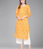 Hand Embroidered Mustard Cotton Lucknow Chikankari Indian Women Kurta