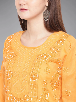 Hand Embroidered Mustard Cotton Lucknow Chikankari Indian Women Kurta 2