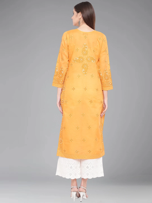 Hand Embroidered Mustard Cotton Lucknow Chikankari Indian Women Kurta 3