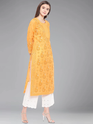 Hand Embroidered Mustard Cotton Lucknow Chikankari Indian Women Kurta 4