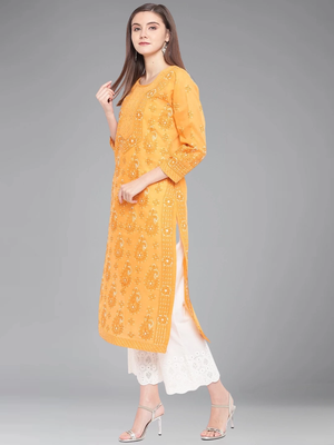 Hand Embroidered Mustard Cotton Lucknow Chikankari Indian Women Kurta 5