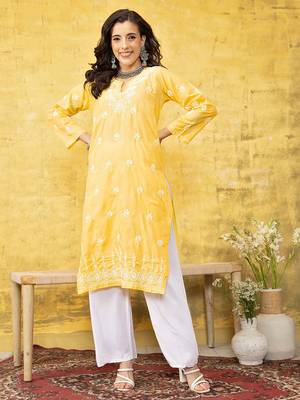 Hand Embroidered Yellow Cotton Lucknowi Chikankari Women Kurta 1