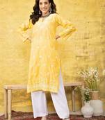 Hand Embroidered Yellow Cotton Lucknowi Chikankari Women Kurta