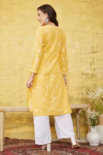 Hand Embroidered Yellow Cotton Lucknowi Chikankari Women Kurta
