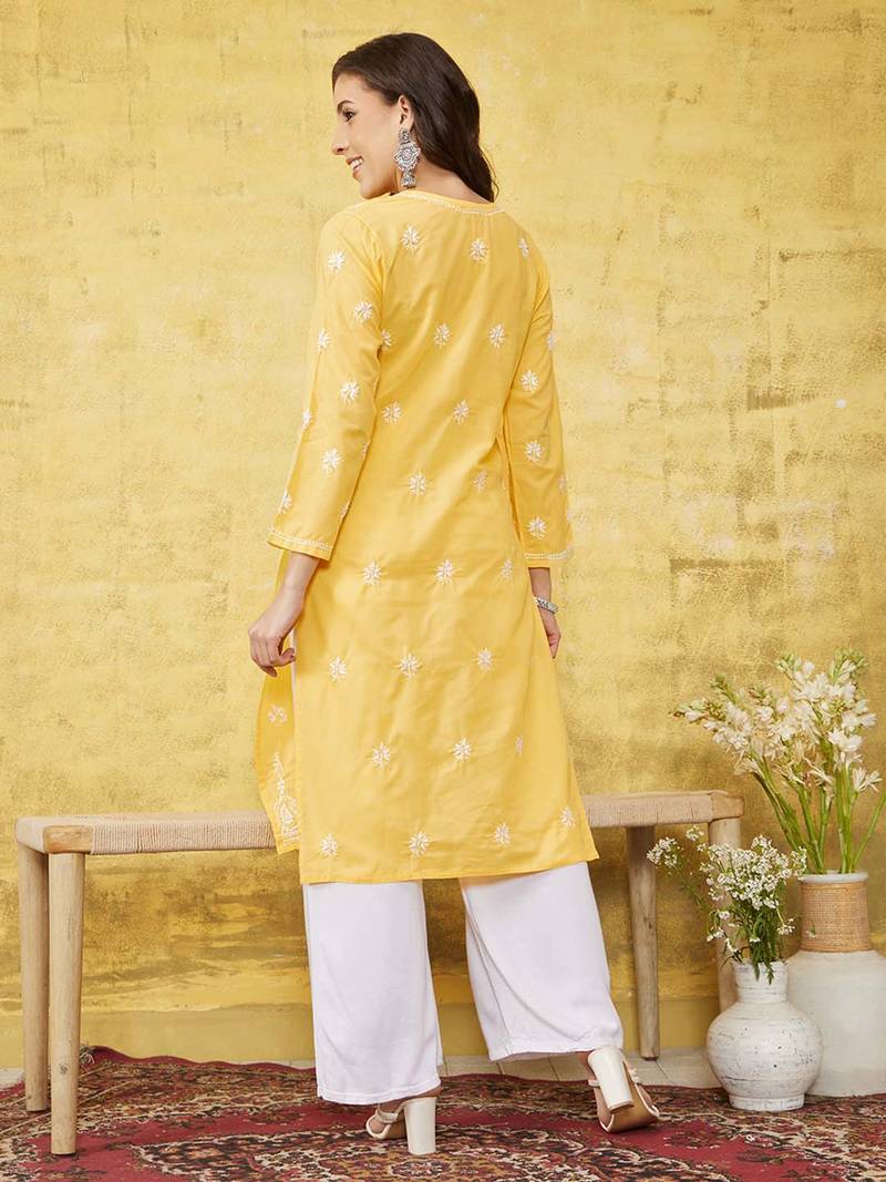Hand Embroidered Yellow Cotton Lucknowi Chikankari Women Kurta
