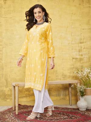 Hand Embroidered Yellow Cotton Lucknowi Chikankari Women Kurta 3