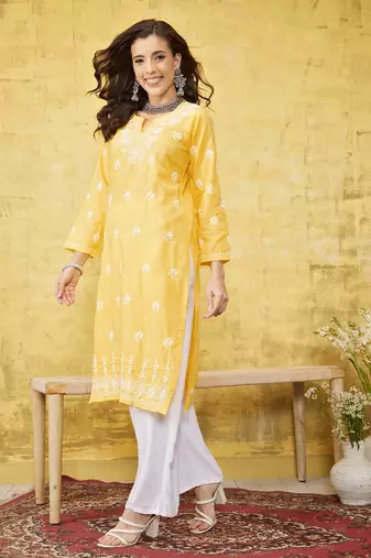 Hand Embroidered Yellow Cotton Lucknowi Chikankari Women Kurta