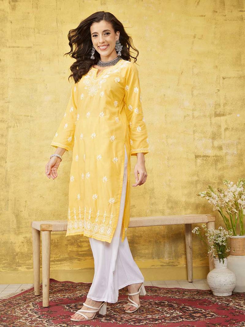 Hand Embroidered Yellow Cotton Lucknowi Chikankari Women Kurta