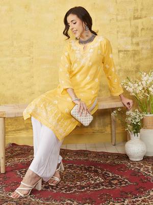Hand Embroidered Yellow Cotton Lucknowi Chikankari Women Kurta 4