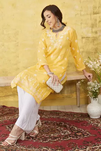 Hand Embroidered Yellow Cotton Lucknowi Chikankari Women Kurta