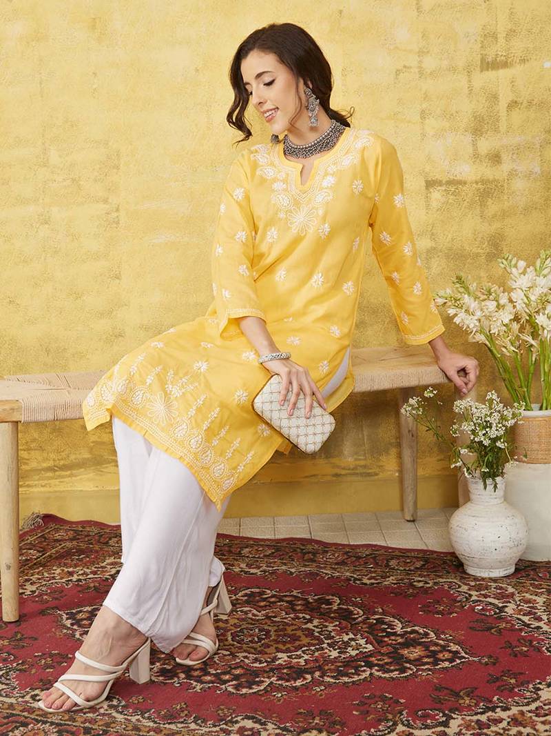 Hand Embroidered Yellow Cotton Lucknowi Chikankari Women Kurta