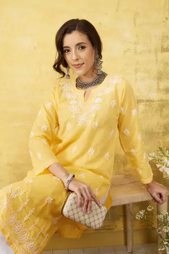 Hand Embroidered Yellow Cotton Lucknowi Chikankari Women Kurta