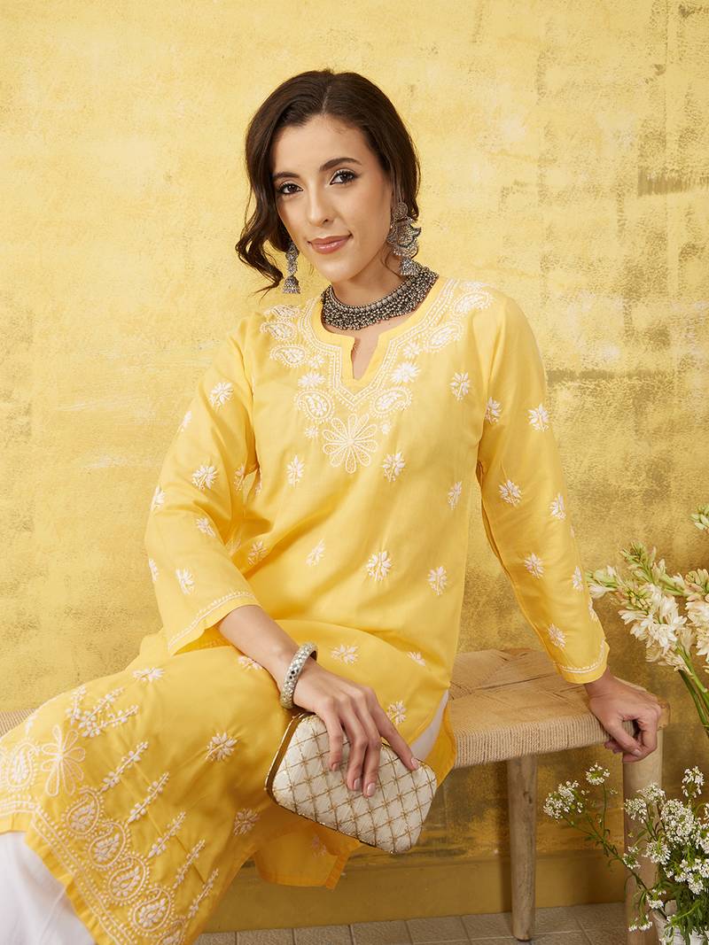 Hand Embroidered Yellow Cotton Lucknowi Chikankari Women Kurta