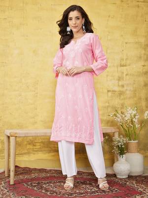 Hand Embroidered Pink Cotton Lucknow Chikankari Women Kurta 1