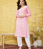 Hand Embroidered Pink Cotton Lucknow Chikankari Women Kurta