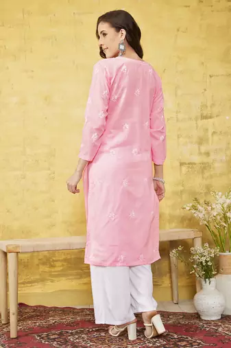 Hand Embroidered Pink Cotton Lucknow Chikankari Women Kurta