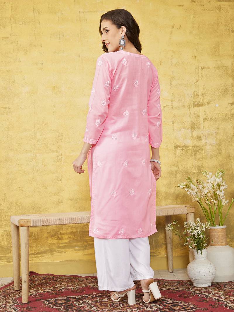 Hand Embroidered Pink Cotton Lucknow Chikankari Women Kurta