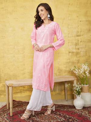 Hand Embroidered Pink Cotton Lucknow Chikankari Women Kurta 3