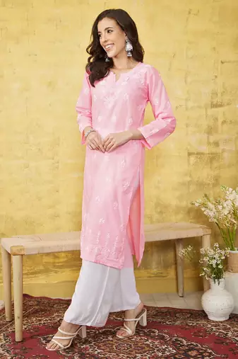 Hand Embroidered Pink Cotton Lucknow Chikankari Women Kurta