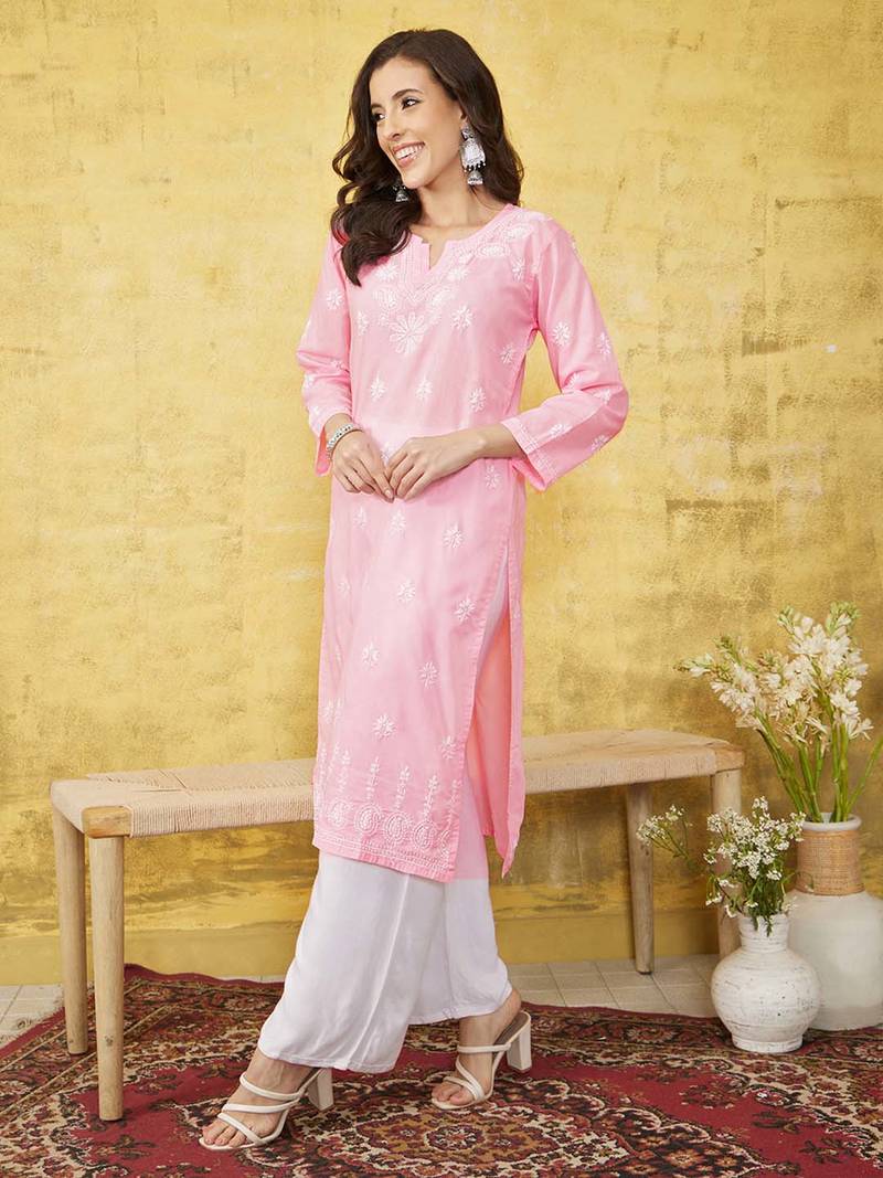 Hand Embroidered Pink Cotton Lucknow Chikankari Women Kurta