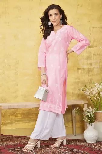 Hand Embroidered Pink Cotton Lucknow Chikankari Women Kurta