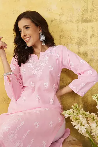Hand Embroidered Pink Cotton Lucknow Chikankari Women Kurta
