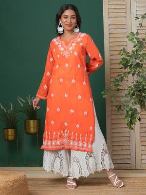 Hand Embroidered Rust Cotton Lucknow Chikankari Kurta For Women 1
