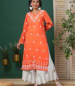 Hand Embroidered Rust Cotton Lucknow Chikankari Kurta For Women