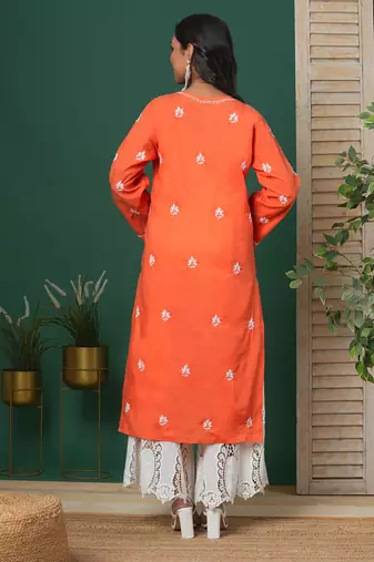 Hand Embroidered Rust Cotton Lucknow Chikankari Kurta For Women