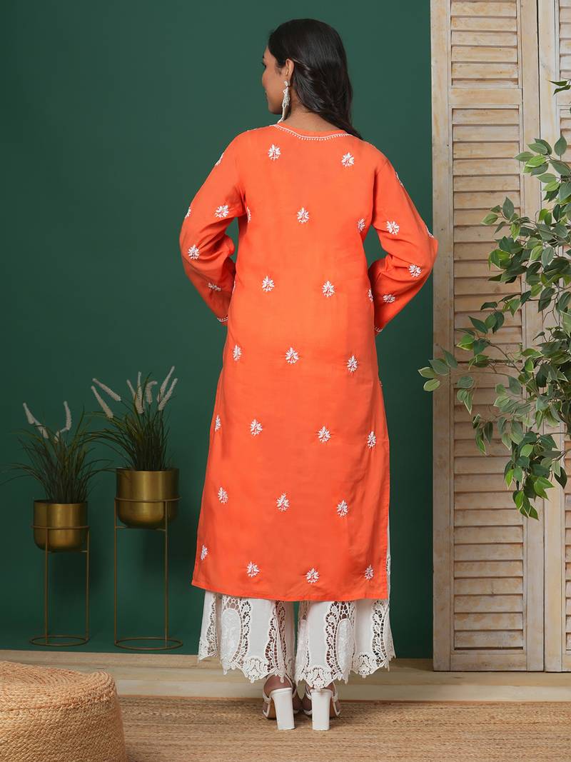 Hand Embroidered Rust Cotton Lucknow Chikankari Kurta For Women