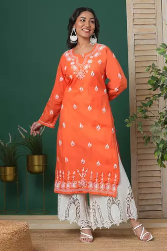 Hand Embroidered Rust Cotton Lucknow Chikankari Kurta For Women