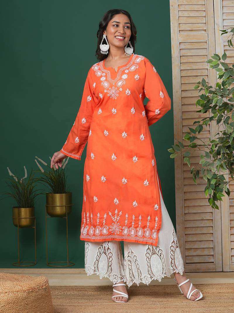 Hand Embroidered Rust Cotton Lucknow Chikankari Kurta For Women