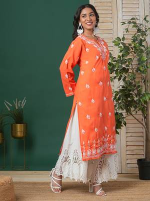 Hand Embroidered Rust Cotton Lucknow Chikankari Kurta For Women 4