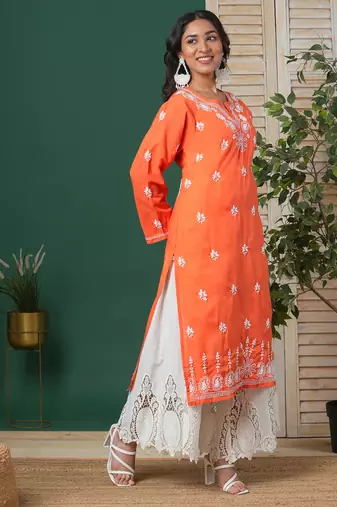Hand Embroidered Rust Cotton Lucknow Chikankari Kurta For Women