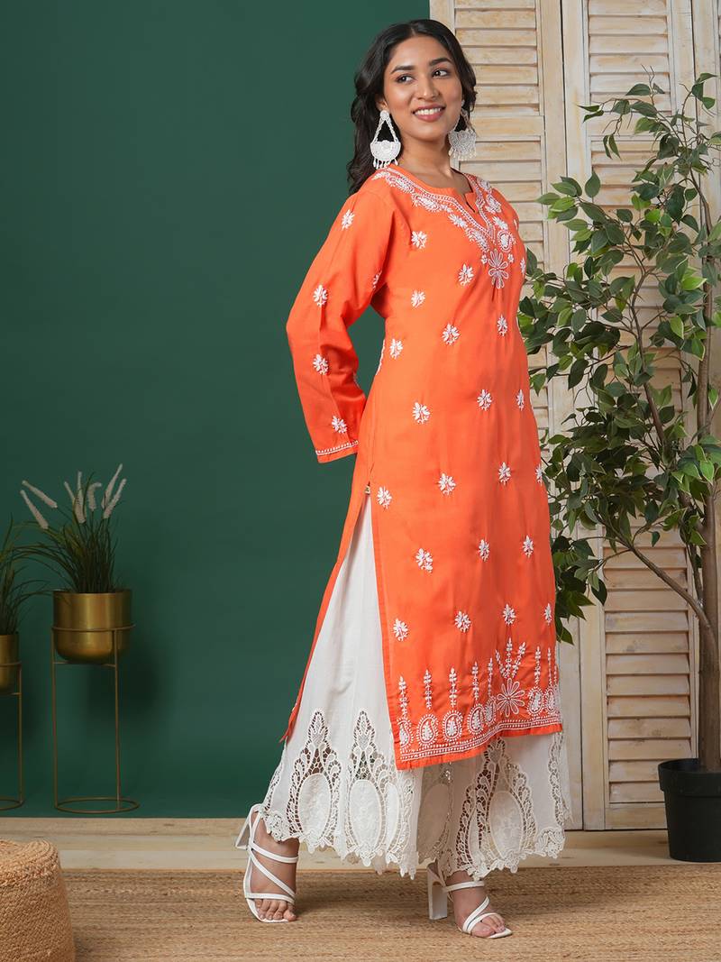 Hand Embroidered Rust Cotton Lucknow Chikankari Kurta For Women