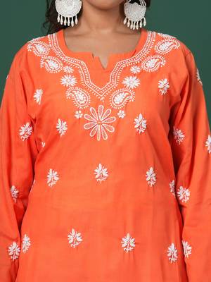 Hand Embroidered Rust Cotton Lucknow Chikankari Kurta For Women 5