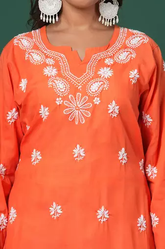 Hand Embroidered Rust Cotton Lucknow Chikankari Kurta For Women