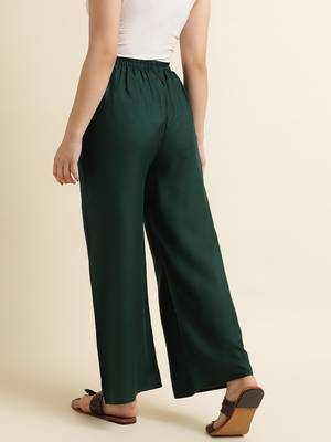 Fabclub Women Rayon Solid Plain Free Size Palazzo (Dark Green) 3