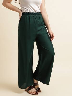 Fabclub Women Rayon Solid Plain Free Size Palazzo (Dark Green) 4