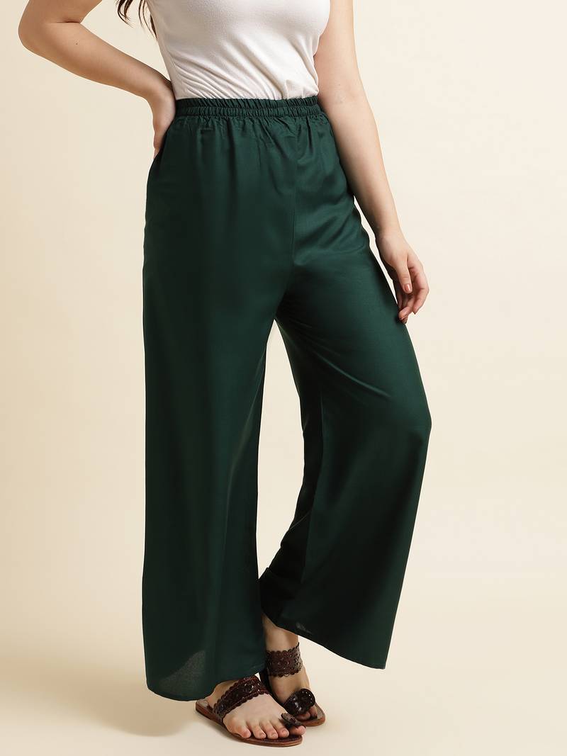 Fabclub Women Rayon Solid Plain Free Size Palazzo (Dark Green)