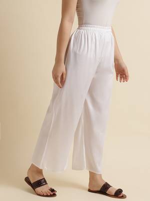 Fabclub Women Rayon Solid Plain Free Size Palazzo (Off White) 4