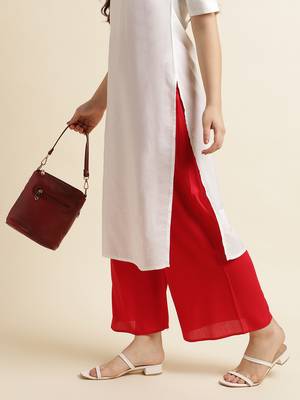 Fabclub Women Rayon Solid Plain Free Size Palazzo (Red) 4