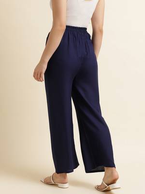 Fabclub Women Rayon Solid Plain Free Size Palazzo (Navy Blue) 3